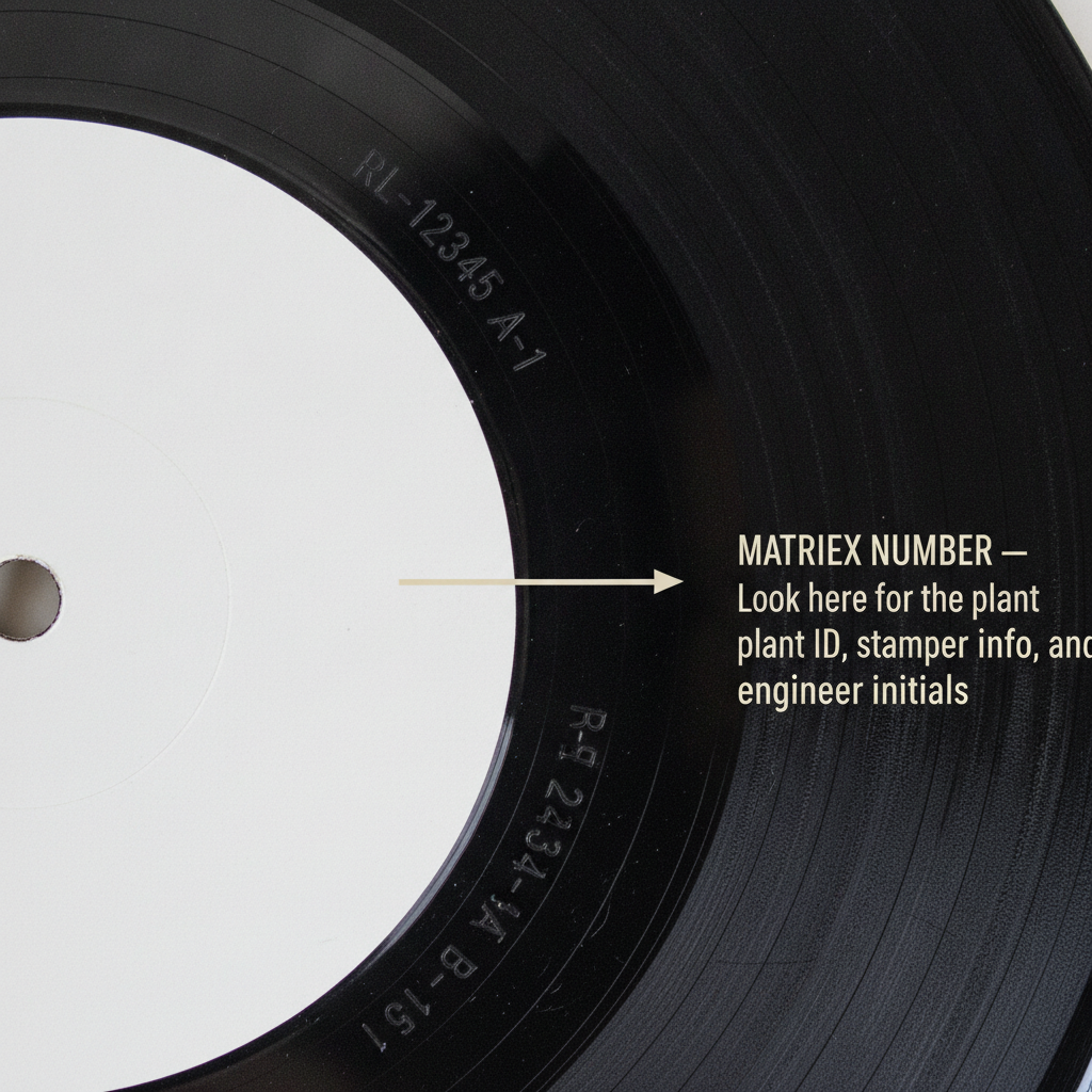 An annotated diagram of a vinyl record's runout groove showing where to read the etched matrix numbers including plant ID, stamper info, and engineer initials.