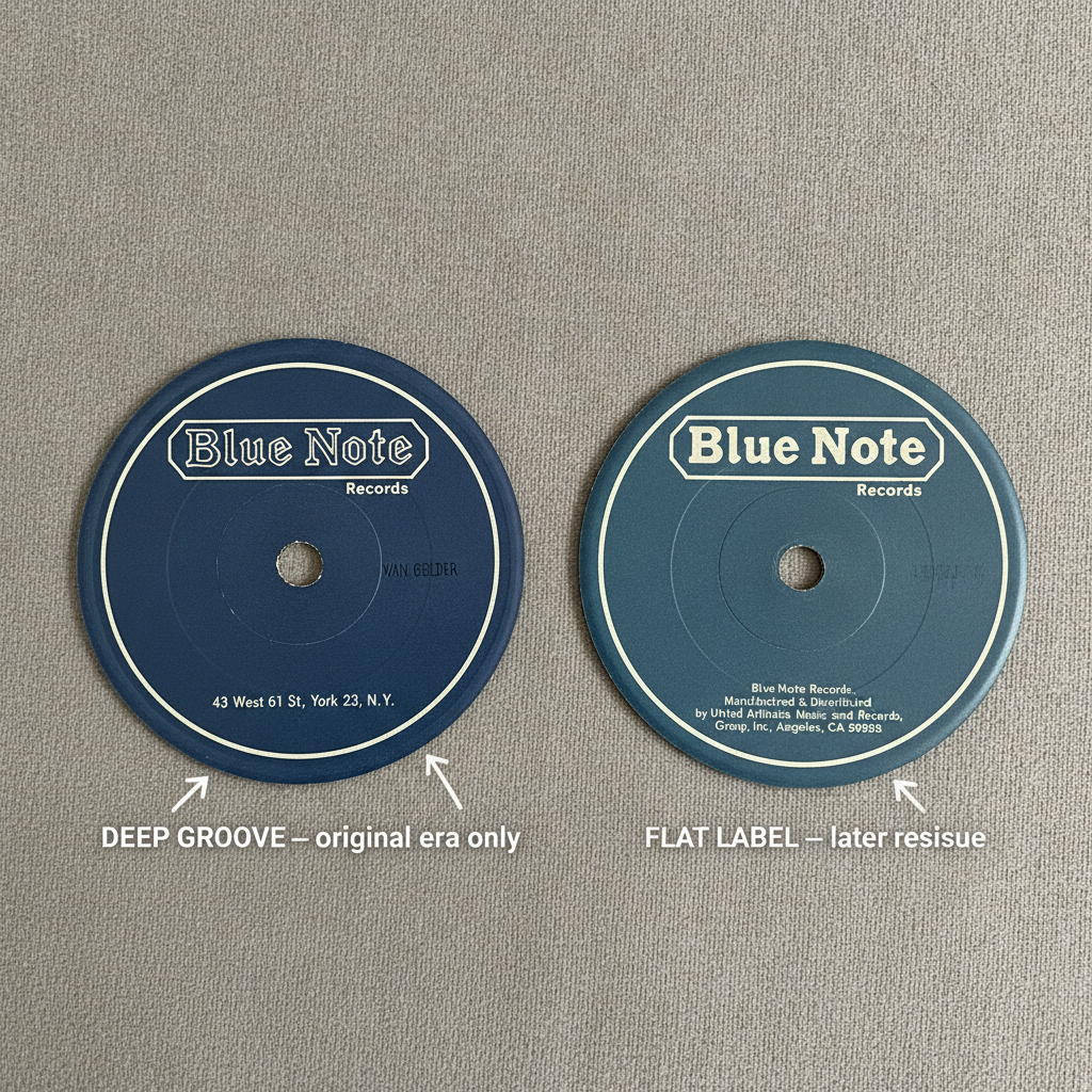 A side-by-side annotated comparison of two Blue Note Records vinyl labels: an original-era label with deep groove and VAN GELDER stamp on the left, and a later flat-label reissue on the right.