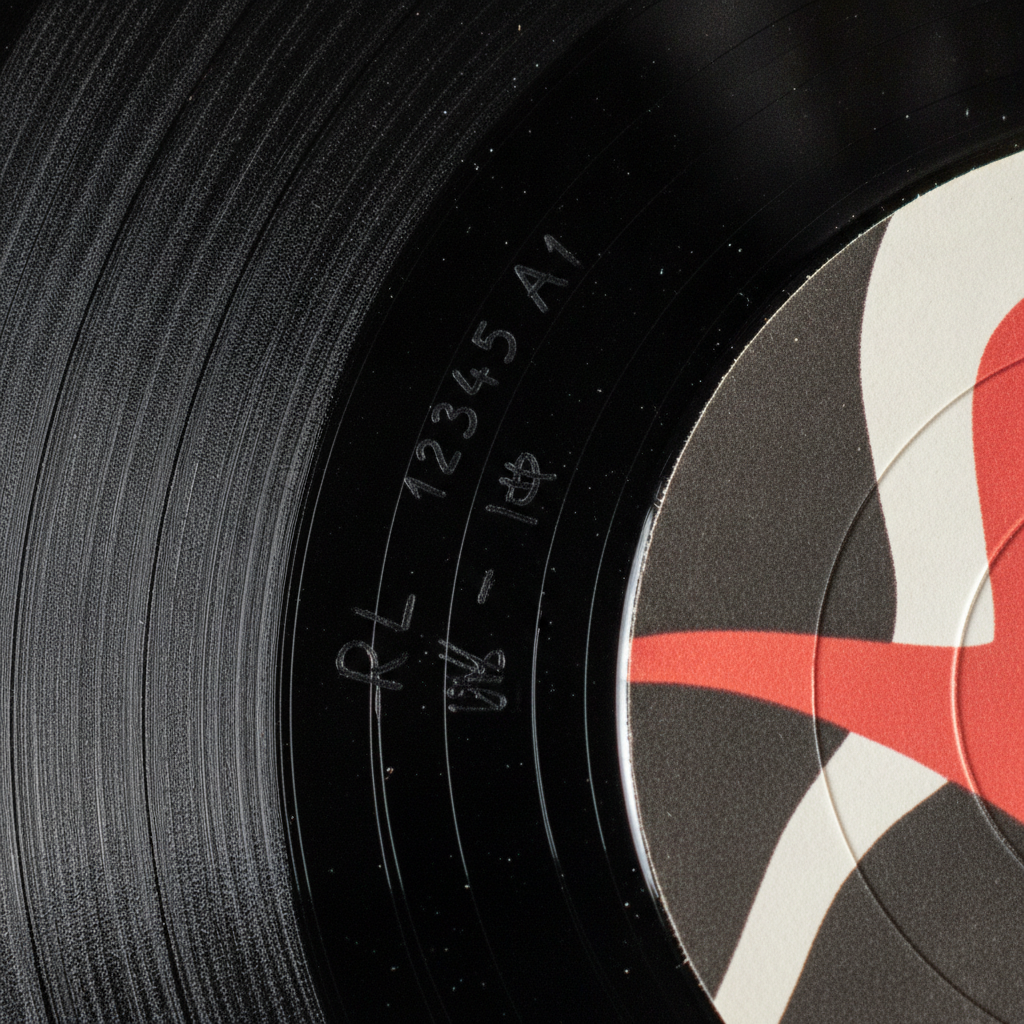 A documentary photograph of a black vinyl record's runout groove showing etched matrix numbers RL 12345 A1 as a collector would photograph them for sale documentation.