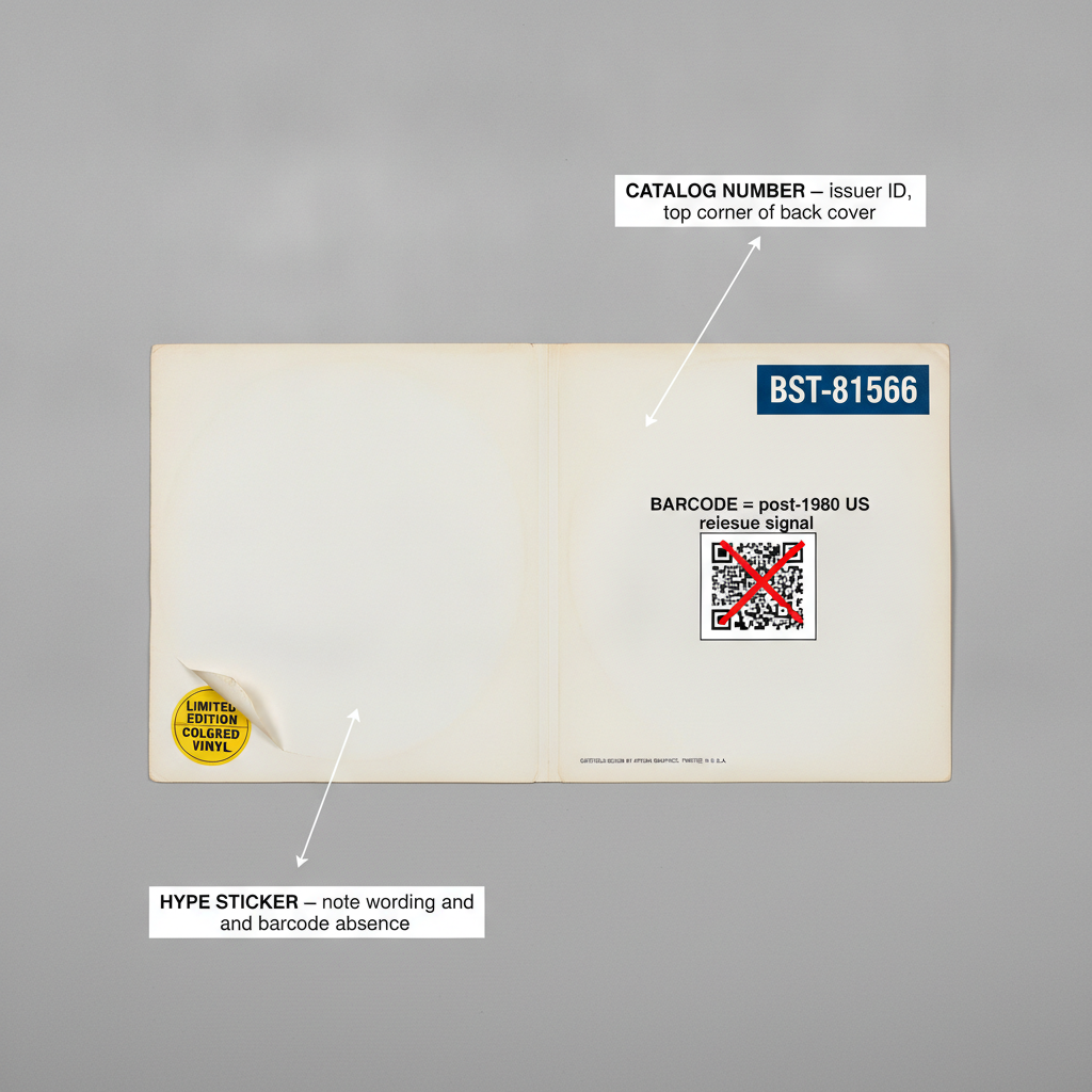 An annotated diagram of a vinyl record back cover showing the location of the catalog number, a flagged barcode indicating a post-1980 reissue, and a hype sticker placement.